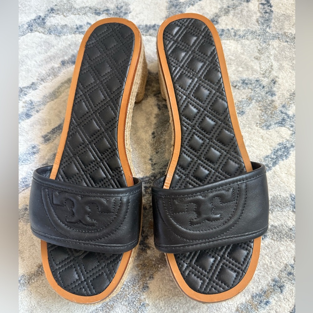 Tory Burch Black Quilted Espadrille Sandals